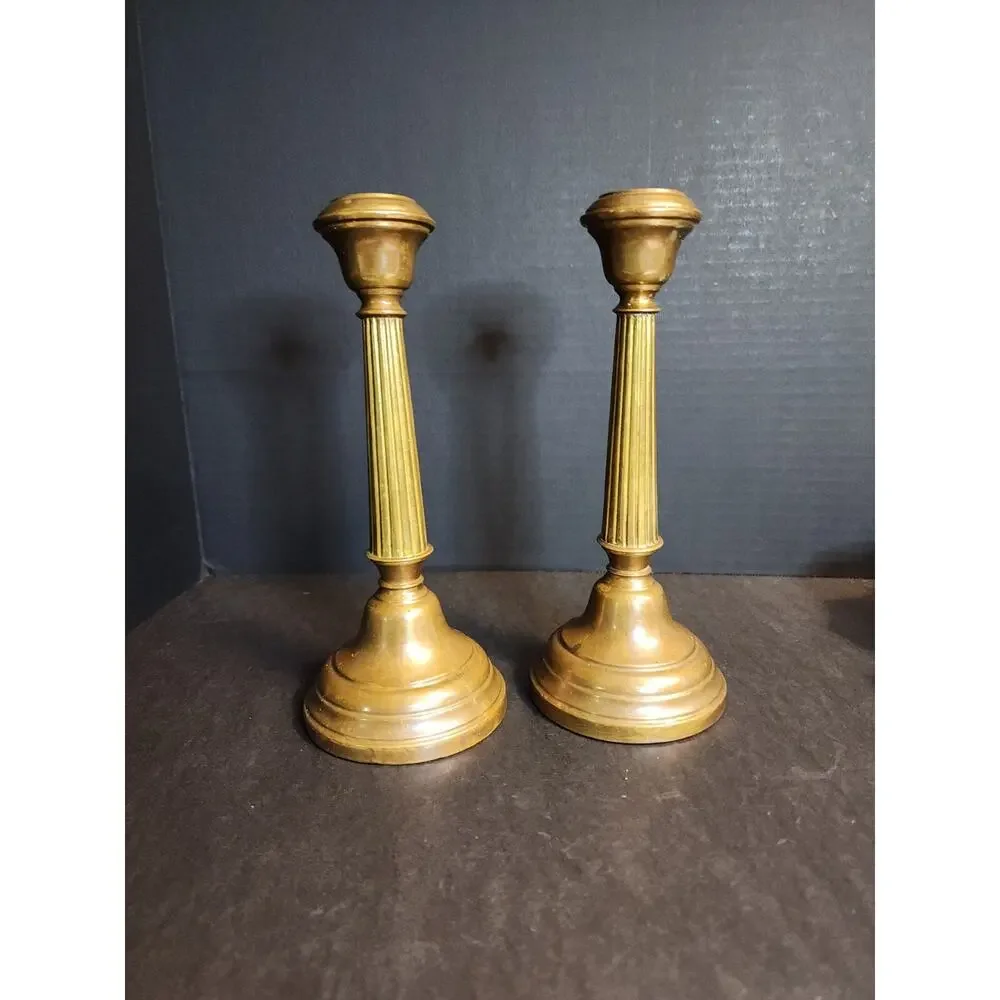 Pair of Antique Brass Candlesticks, Copper Weighted, Column Fluted 8.5